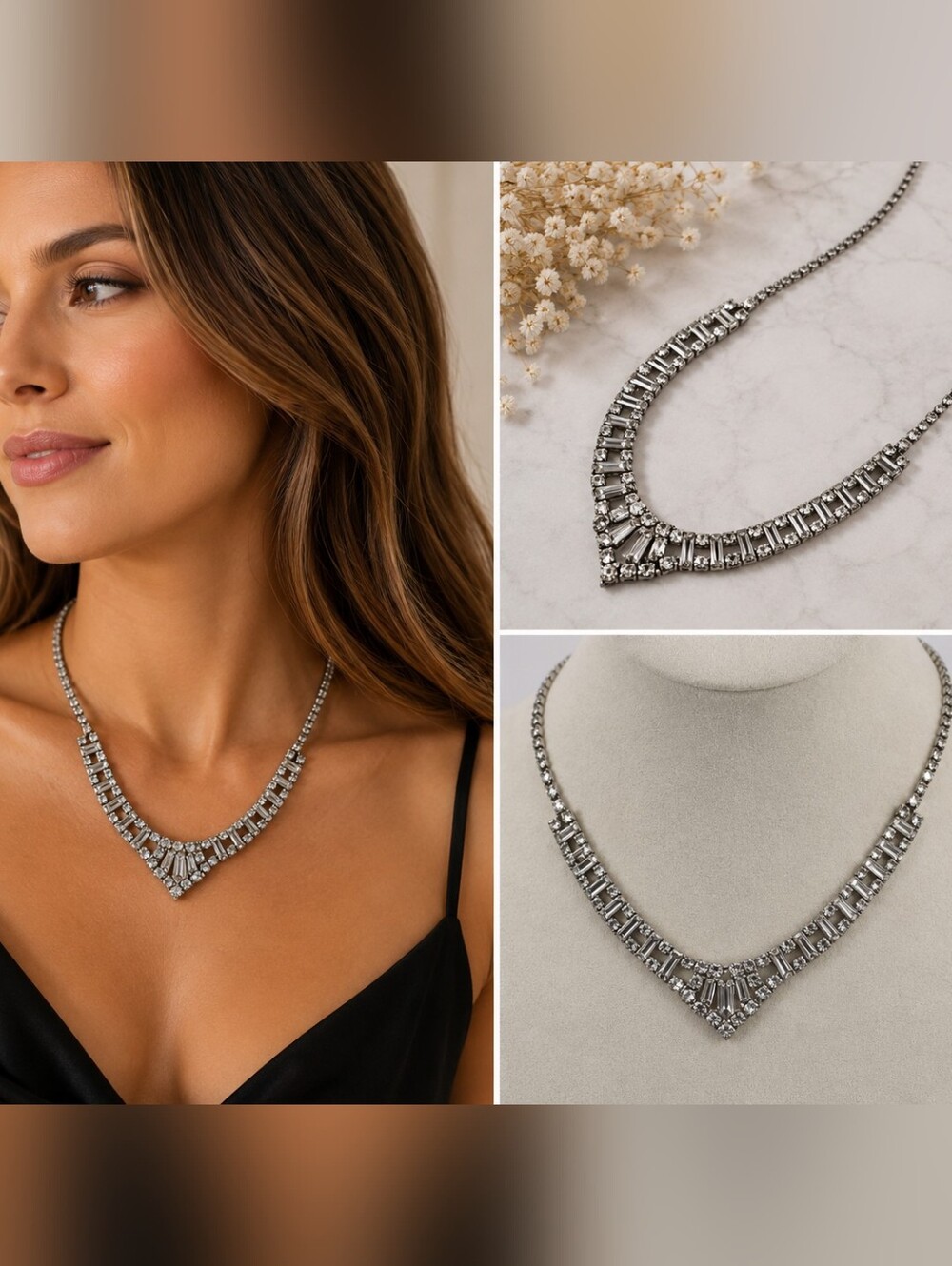 Vtg Kramer Rhinestone Necklace Silver Tone Baguette & Round Crystal Statement
